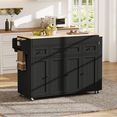 Îlot de cuisine sur roulettes extensible avec range-épices et tiroirs, noir et naturel HAVRYA (1/5)