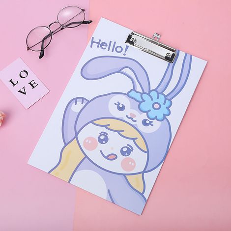 Plaquette de support renforcée avec clip métallique, motif lapin violet mignon, panneau en plastique pour bureau, fournitures scolaires, cadeau pour fille, trou pour crochet. (1/5)