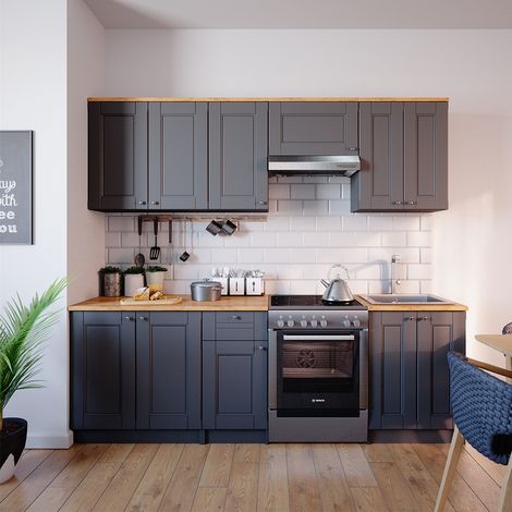 Cuisine Bergamo, Gris, 240cm, PT Goldkraft avec bande LED, Vicco