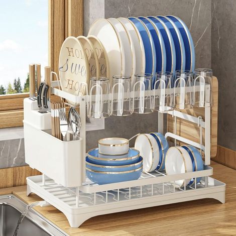 Égouttoir de cuisine à poser, double couche, avec bac d'égouttage et porte-couverts, grande capacité de rangement (blanc)-AquaForge (1/5)