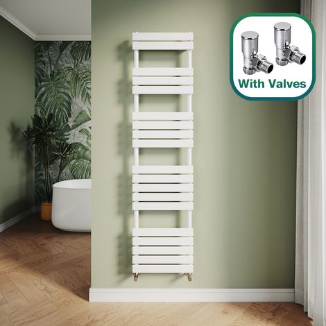 ELEGANT Modern Central Heating Towel Radiator Bathroom Flat Panel Heated Towel Rail 1800x450mm White + Angled Radiator Valves