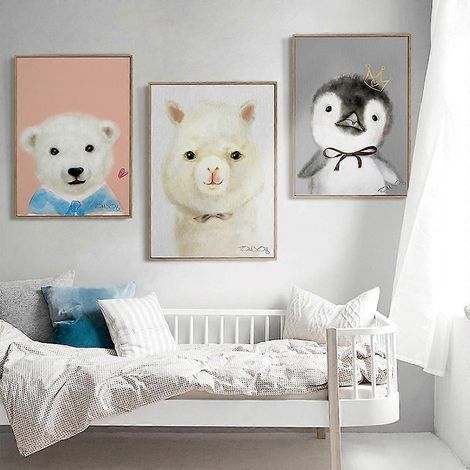 Leinwandbild mit einem Alpaka, einem Bären und einem Pinguin, einfacher und niedlicher Aquarellstil, ideal für Wohnzimmer, Schlafzimmer und Kinderzimmer. (1/4)