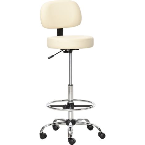 Tabouret de bar rembourré beige avec dossier imitation cuir, hauteur réglable, repose-pieds, pivotant 360°, cadre métallique