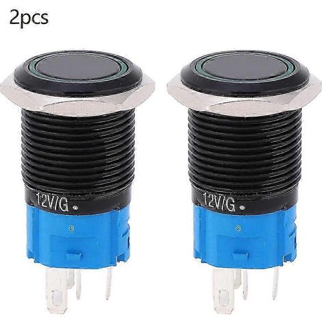 12V DC 16mm grün beleuchteter Drucktaster, 5 Pins, selbstverriegelnd, IP65 wasserdicht, Packung mit 2 verriegelbaren Panelschaltern. (1/3)