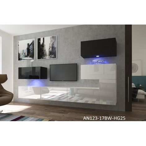 Ensemble meuble TV NEXT 123 AN123-17BW-HG25-1A blanc-noir brillant 286 cm