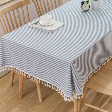Nappe en lin bleu rayé 140x140cm lavable pour cuisine & extérieur