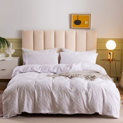 Housse de couette 200x200 carrés blancs parure de lit adulte avec fermeture éclair, parure de couette style bohème avec 2 taies d'oreiller 50x75x2 cm (1/5)