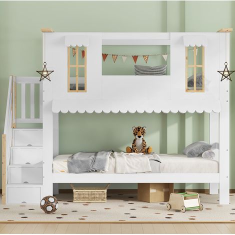 Cama litera infantil con escalera de almacenaje 90x200 cm, blanco y natural HAVRYA (1/5)