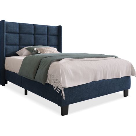 Letto imbottito singolo 90x200 cm con testiera alta, rete a doghe e struttura stabile, rivestimento in tessuto blu, per camera da letto moderna CHICFURN (1/5)
