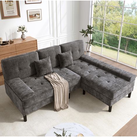 Divano angolare modulare 3 posti 195x149 cm in ciniglia grigio scuro - CHICFURN (1/5)