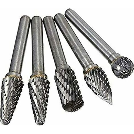 Diamond Burrs. 5 PCS 6mm Shank Head Tungsten Carbide Double Cut Rotary Burr Set for Woodworking Engraving Die Grinder Carving Burr Bit Set (1/4)