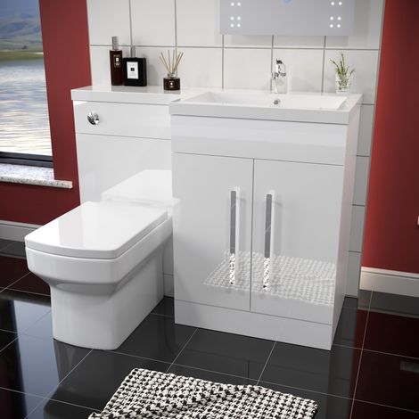 ELEGANT 1100mm L Shape Bathroom Vanity Sink Unit Furniture Storage,High Gloss White Vanity Unit with Concealed Cistern + Basin with Ceramic Square Toilet Right Hand