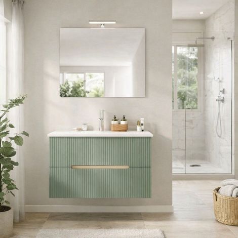 Mobile Bagno Sospeso 80Cm Rovere Ghiaccio E Verde Salvia  Magnolia