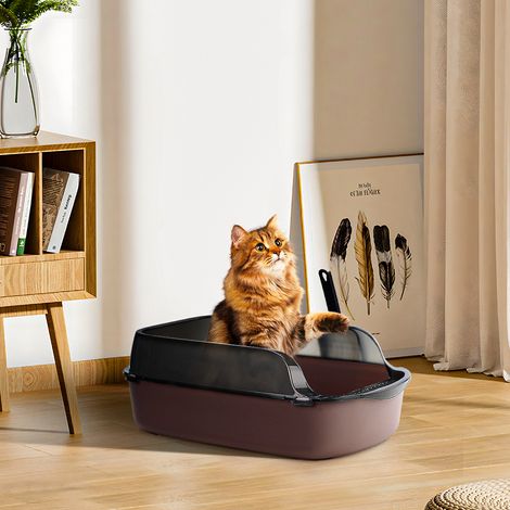 Large Camel-colored High-rimmed Semi-enclosed Cat Litter Box with a Litter Scoop, 50cm W x 34cm D x 18cm H (1/5)