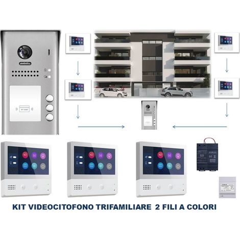 Kit Videocitofono 2 fili trifamiliare 3 monitor 7 pollici a colori ipertronic