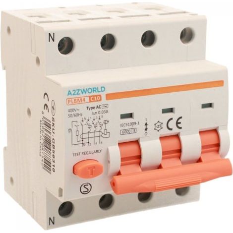 RCBO Interruttore Magnetotermico Differenziale Tipo AC Curva C 3P+N 4M 6000A 30mA C10A AC 400V IP20 IEC61009-1 PL8M4