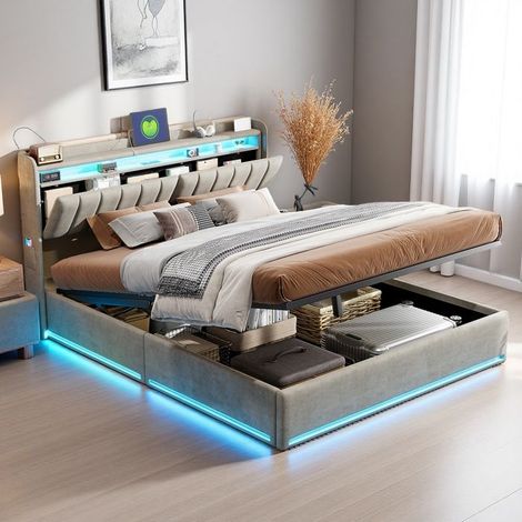 Lit Adulte Hydraulique 140x200 cm avec Rangement Coffre, LED RGB et Chargeur - Lit Double à Lattes, Velours Gris Design Techno Luxe (1/5)