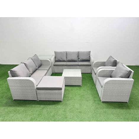 Fimous PE Rattan High Back Lounge Sofa Set Patio Square Coffee Table & Chairs Set with 3 Seater Sofa Reclining Chair Big Footstool Side Table Light Grey (1/4)
