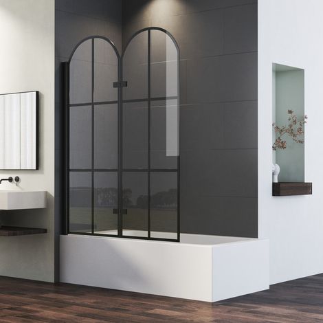 Duschwand für Badewanne Bogen, Badewannenaufsatz 2-teilig faltbar 120x140 cm Duschwand Badewanne Badewannenfaltwand Duschabtrennung für Badewanne mit 6mm ESG Sicherheitsglas, Schwarz (1/5)