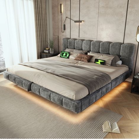 Letto matrimoniale 180x200 cm in tessuto peluche grigio con LED e contenitore - MEUBLIV (1/5)