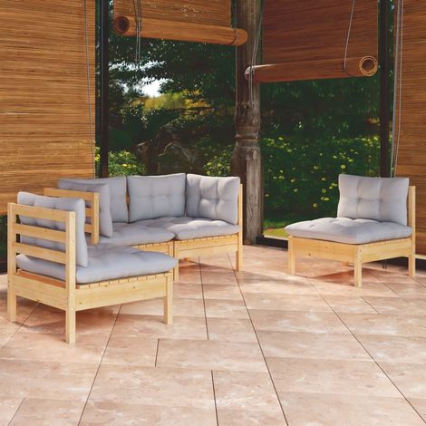 4-tlg. Garten-Lounge-Set mit Grauen Kissen Kiefer Massivholz (1/5)
