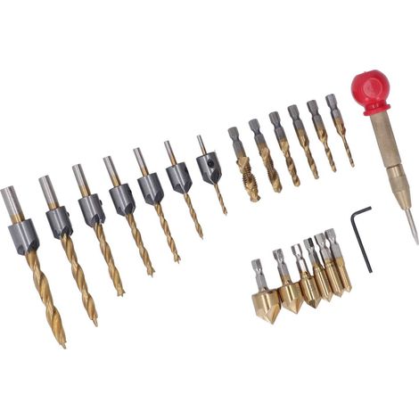 Set mit 20 Titan-Gold-Fasenbohrern, Gewindebohrer- und Bohrer-Set mit Innensechskantschlüssel und Körner (1/5)