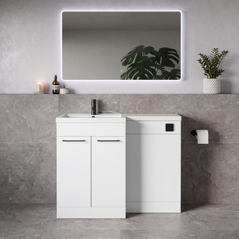 Napoli 390 Gloss White 1100mm 2 Door Vanity Unit Toilet Suite with Square Left Hand Lucia Basin - 1100mm - Matt Black 160mm HandleWithout Kingston Toilet Pan