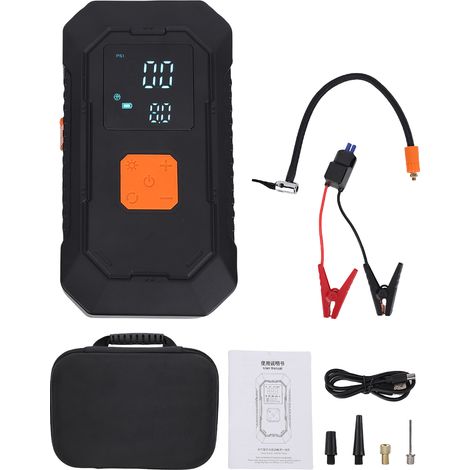 GARRYFIZH Démarreur de voiture portable, démarreur d'urgence 12 V avec pompe à air, gonfleur de pneu 150 psi pour voiture, vélo, moto, lumière LED,  3,0 L 10 000 mAh + pince intelligente + sac EVA