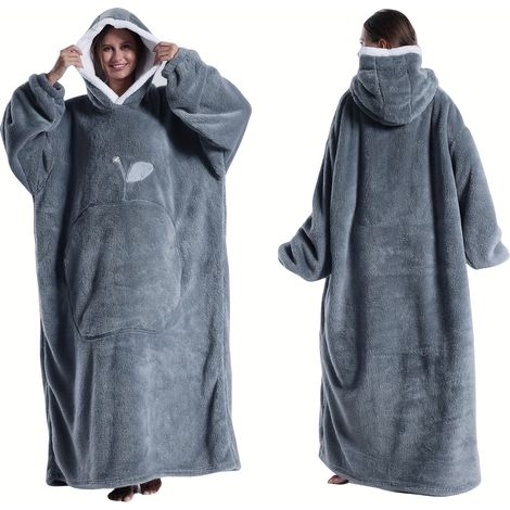 Peignoir chaud, épais et coupe-vent avec capuche Couverture en flanelle pour couples avec poche pomme, convient à une utilisation intérieure et extérieure Gris foncé long (1/5)