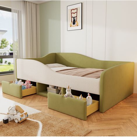 Kinderbett 90x190 cm Mit Stauraum Unter Dem Bett, In Grünem Und Cremefarbenem Velours (1/5)