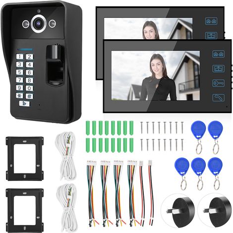 Sonnette vidéo avec empreinte digitale RFID mot de passe 7 pouces moniteur système d'accès filaire 100-240V (1/5)