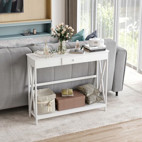 Consolle in legno, tavolino d'ingresso con 1 cassetto e 1 ripiano portaoggetti per corridoio, soggiorno, 100x30x81 cm, bianco