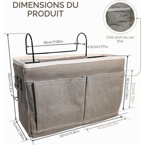 Organisateur de Chevet Suspendu Panier de Rangement Suspendu Poche de Lit Organisateur Sacs de Chevet Sac de Rangement Suspendu pour Chevet (Gris foncé) (1/4)