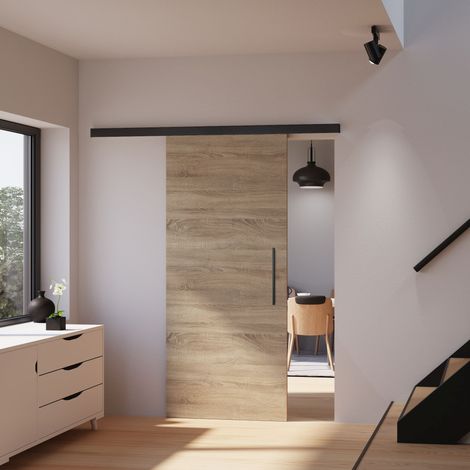 Holzschiebetür Wildeiche 755 x 2035 Zimmertür Holztür Tür Holzschiebetürsystem schwarzer Beschlag - ohne Softclose