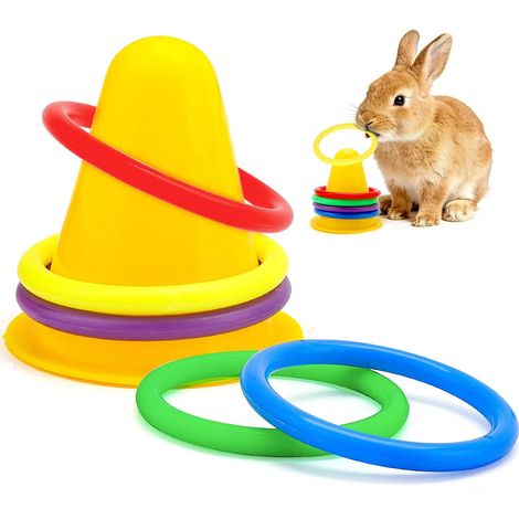 Set da 6 pezzi, giocattolo per conigli, casetta per conigli, giocattolo per conigli, accessorio per conigli, maggiore sicurezza, facile manutenzione (giallo) Anelli per il gioco del lancio (colori cas (1/5)