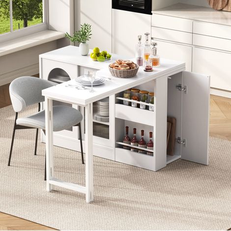 Mesa bar extensible con almacenamiento, giro 360°, 121,5 x 40 x 76,7 cm, blanco DESVIAE (1/5)
