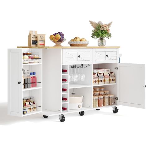 Kücheninsel rollbar mit Klappplatte Weinregal Weiß, 120 x 45(70) x 89 cm (1/5)