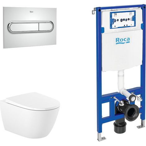 ROCA PACK ONA+DUPLO Inodoro Suspendido Rimless Pulsador Cromo - Asiento: Caida Normal - ref: A346687+A801E10001+A890070020+A890195001 (1/2)