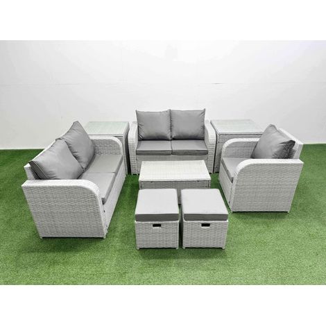 Fimous High Back Poly Rattan Garden Furniture Set with Reclining Chair Loveseat Sofa Rectangular Coffee Table Indoor Outdoor Patio Set 2 Stool 2 Side Table Light Grey (1/4)