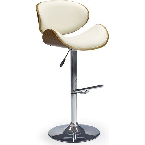 Silla de barra Houston 517, Nuez + Crema + Plata, 93x53x51cm, Cuero ecológico, Metálico, Chapa de madera natural