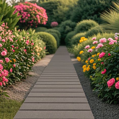 Chemin de Jardin Enroulable Gris en HDPE Imperméable, Passage Antidérapant à Motif Bois, Liaison Fils Métalliques, Allée Décorative Résistante aux Intempéries 242 x 43 cm