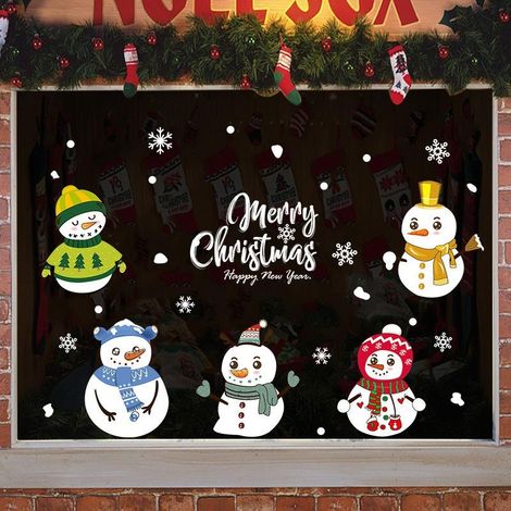 Autocollants muraux Bonhomme de neige mignon Joyeux Noël pour portes et fenêtres (1/5)