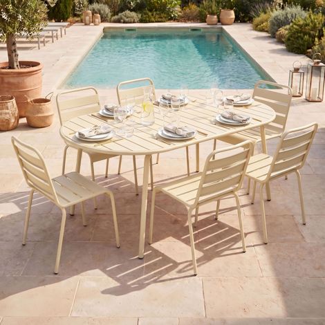 Ensemble table de jardin ovale + 6 chaises en métal crème - BACA (1/5)