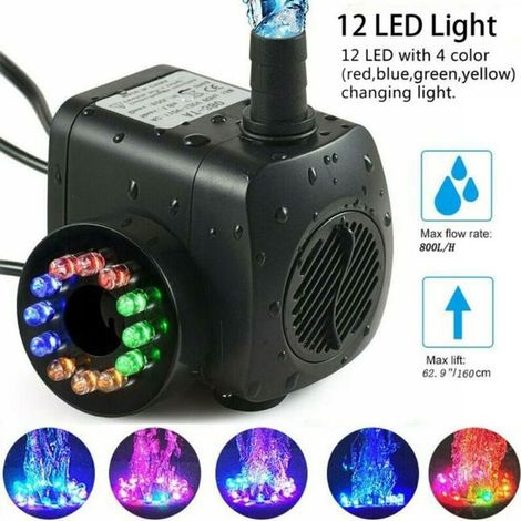 Pompe à fontaine 15 W 800 L/h, pompe de bassin, pompe à eau, pompe de jardin : caractéristiques, pompe à fontaine avec 12 LED (1/5)