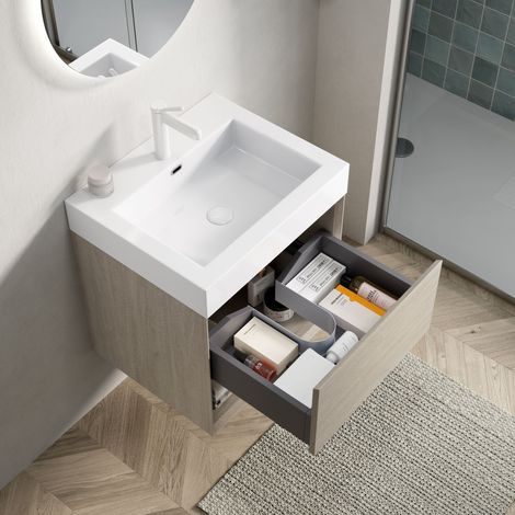 Mueble de baño mural blanco lavabo integrado con un cajón y un estante abierto premontado acabado en roble claro (1/5)