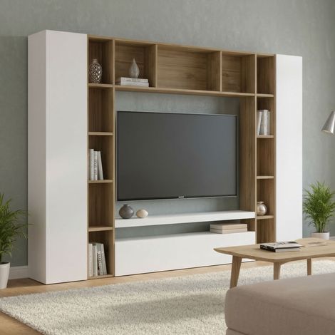 Dmora - Pared Equipada Ddragon, Conjunto de salón Mueble TV con 3 puertas, Mueble de salón polivalente, 100% Made in Italy, cm 270x35h210, Blanco brillo y roble (1/5)