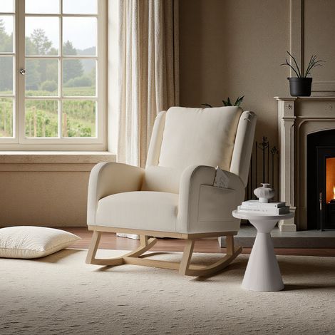 Schaukelstuhl, Leinenmaterial, Relaxsessel mit Lendenkissen, Schaukelstuhl, Armlehnen mit Taschen, Loungesessel für Wohnzimmer, Schlafzimmer, Balkon, Beige (1/5)