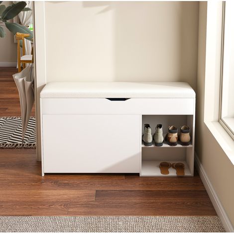 Scarpiera 100x30x52 cm con panca, cuscino e vano portaoggetti, 3 livelli, in MDF, bianco (1/5)
