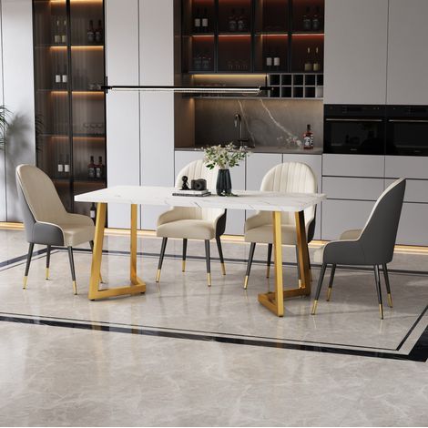 Mesa de comedor 117/68/75 cm efecto mármol blanco y dorado con patas metálicas (1/5)