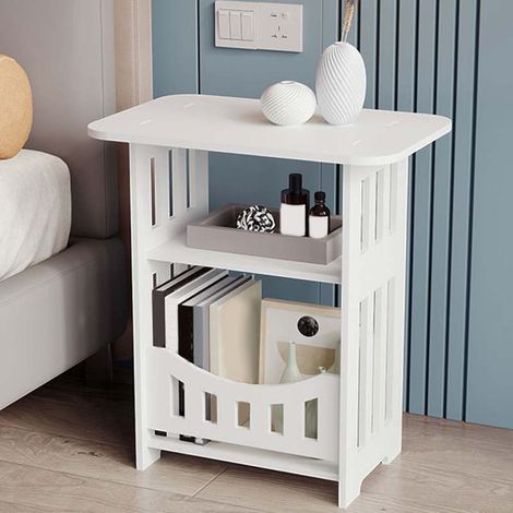Table d'appoint avec rangement, petite table de chevet blanche, idéale pour chambre ou dortoir. (1/5)